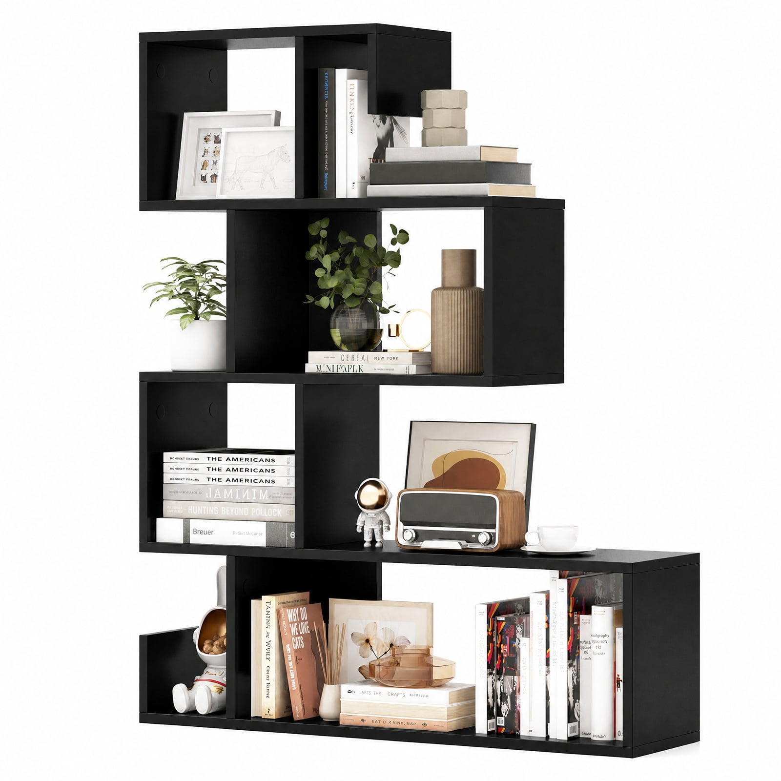 Furnibear 5-Tier S-Shaped Bookshelf Geometric Z-Shelf Bookcase with Open Cubes for Living Room Home Office Bedroom Display Storage Shelf, Black