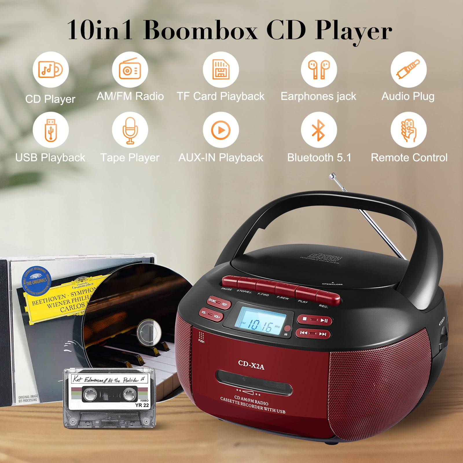 Boombox Cassette CD Player Combo with Bluetooth, Remote, AM/FM Radio, Tape Recording, Black