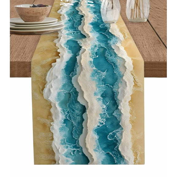 Life Is Better at The Beach Table Runner 70 Inches, Beige Blue Coastal Seaside Bed Runner Dresser Scarves Tabletop for Indoor Outdoor Parties/Ceremony/Banquet, 13" x 70"