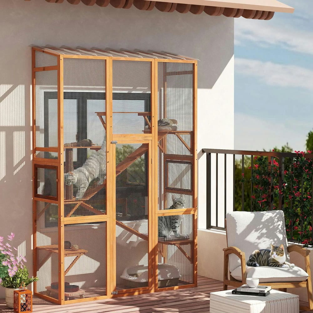 Topcobe Outdoor Catio Cat Enclosure, Large Wooden Cat House with 6 Jumping Platforms, Scratching Post, 2 Ramps, for 2-3 Kittens, Outdoor Wooden Feral Cat Shelter