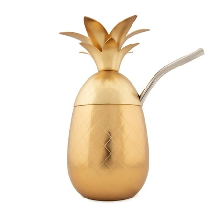 Tiki Cocktail - Silver One Pineapple 17oz Tumbler Festive Drinkware With Straw For Tiki Tropical Cocktail Drinks Bar