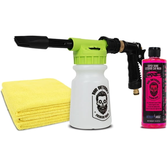 Mr. Detroit - 3pc Car Wash Kit w/ Foam Blaster, Microfiber Towels Car Wash Soap, Streak-Free Exterior Wash for Auto Detailing Home Use