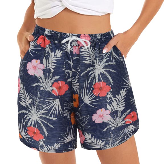 Shpwfbe Beach Shorts For Women Workout Shorts Women Women'S Casual Shorts Summer Comfy Beach Shorts Elastic Waist Floral Print With 2 Pockets Womens Pants Navy L
