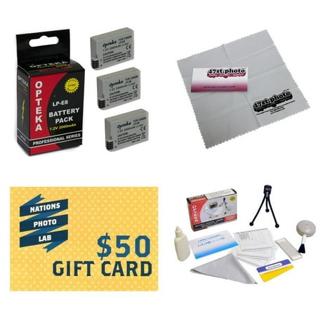 Print Photo Card - 3 Extended Life Replacement Battery Packs For LP-E8 LPE8 For Canon EOS Rebel T2i T3i T4i T5i DSLR Digital Camera + Deluxe Cleaning Kit + LCD Screen Protectors + Mini Tripod + $50 Photo Print Gift Card