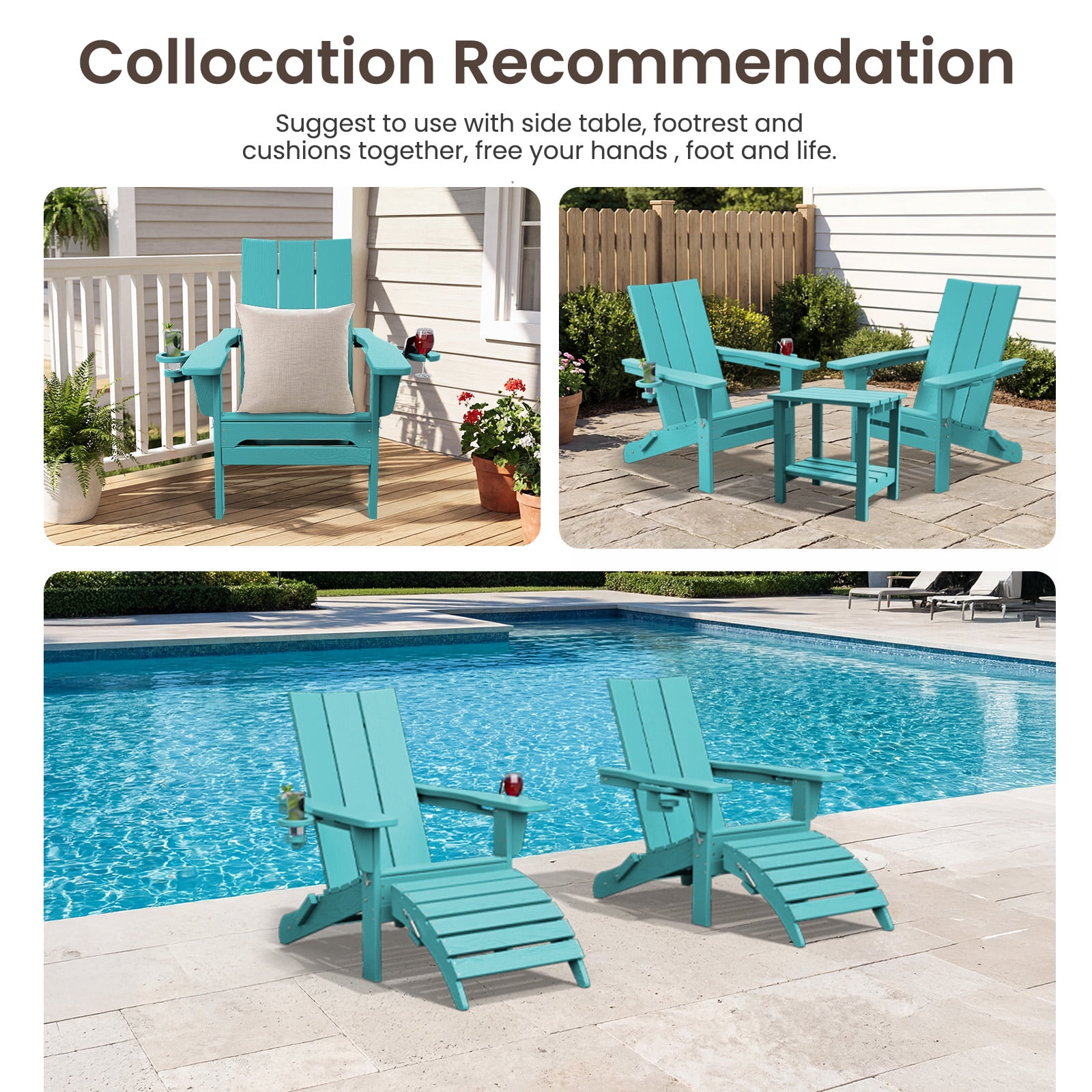RIAFUN HDPE Foldable Adirondack Chair, Outdoor Patio Chair with 2 Cup Holders, Heavy Duty All-Weather Seating for Lawn,Porch,Deck,Backyard, Peacock Blue