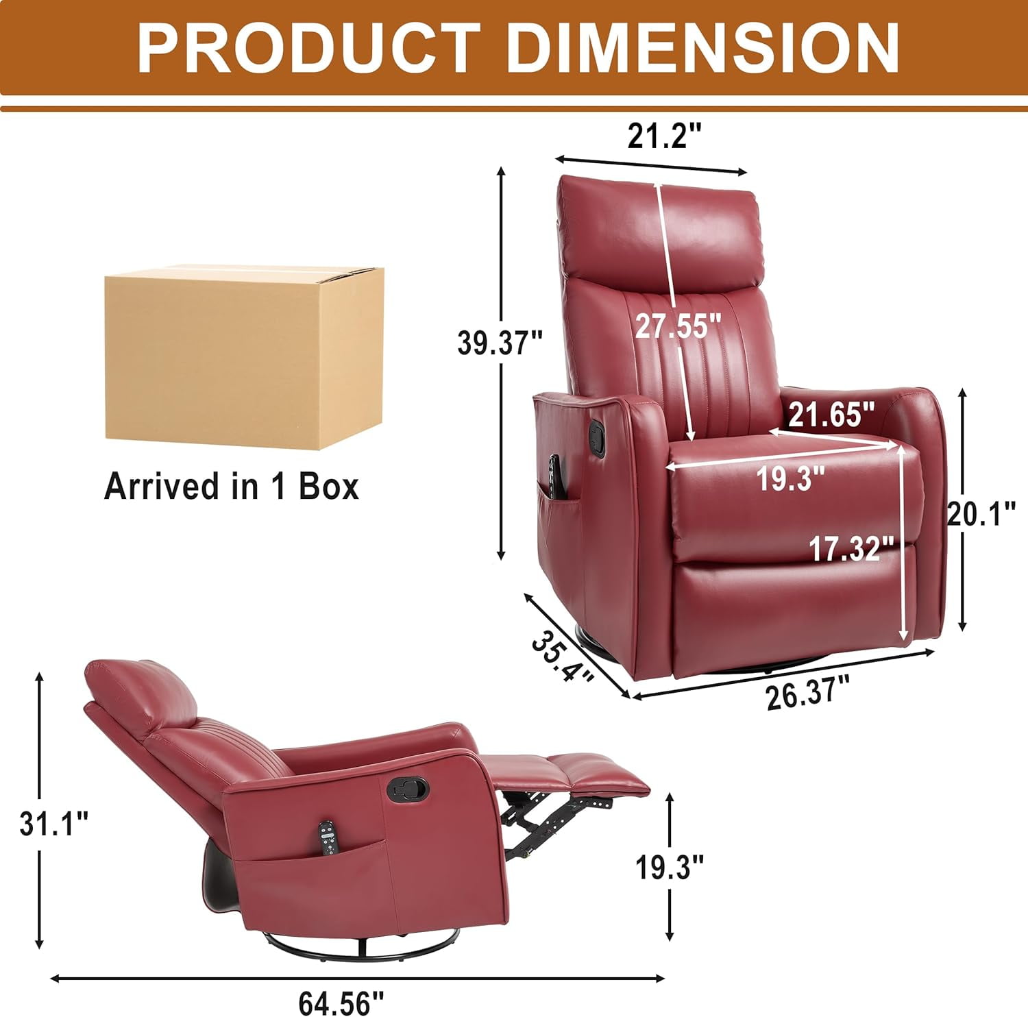 AENKYO Swivel Recliner Chair, Manual Rocking Massage Chair with Heat for Adults, for Living Room,Red Faux Leather