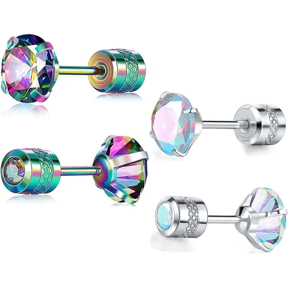 Titanium Earrings for Sensitive Ears, Pairs of Screw Back Hypoallergenic Surgical Grade Titanium Cubic Zirconia Stud Earrings for Women Men