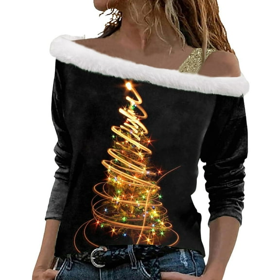 Womens Christmas Tops Long Sleeve Shirts Off Shoulder With Trim Cozy Holiday Party Casual Festive Winter Apparel Fall Clothes For Women Tees Blouses