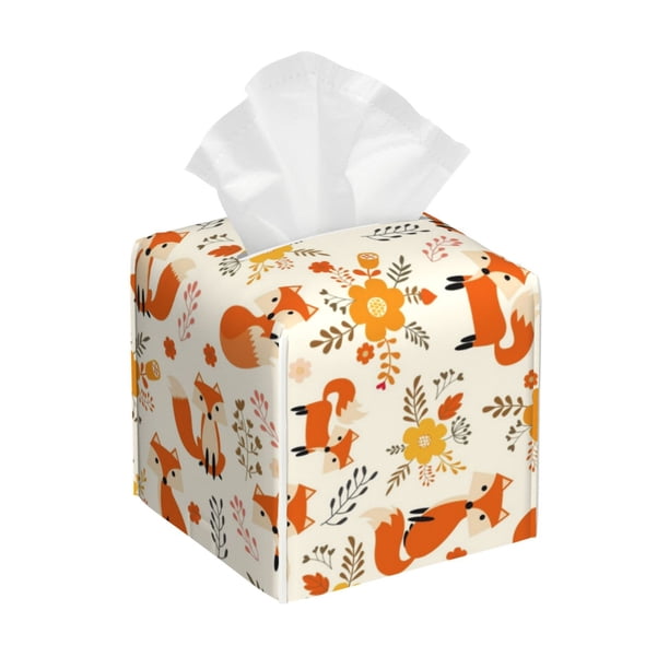 Balery Flower Fox Porta Pañuelos de Cuero con Estampado – Funda Moderna Cuadrada para Caja de Pañuelos, Dispensador 5x5x5''