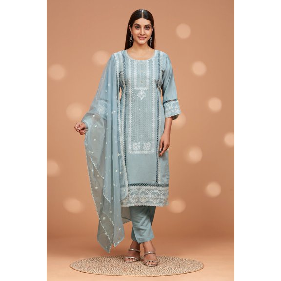 Straight Fit Embroidered Kurta with Pant & Shiffon Duppatta