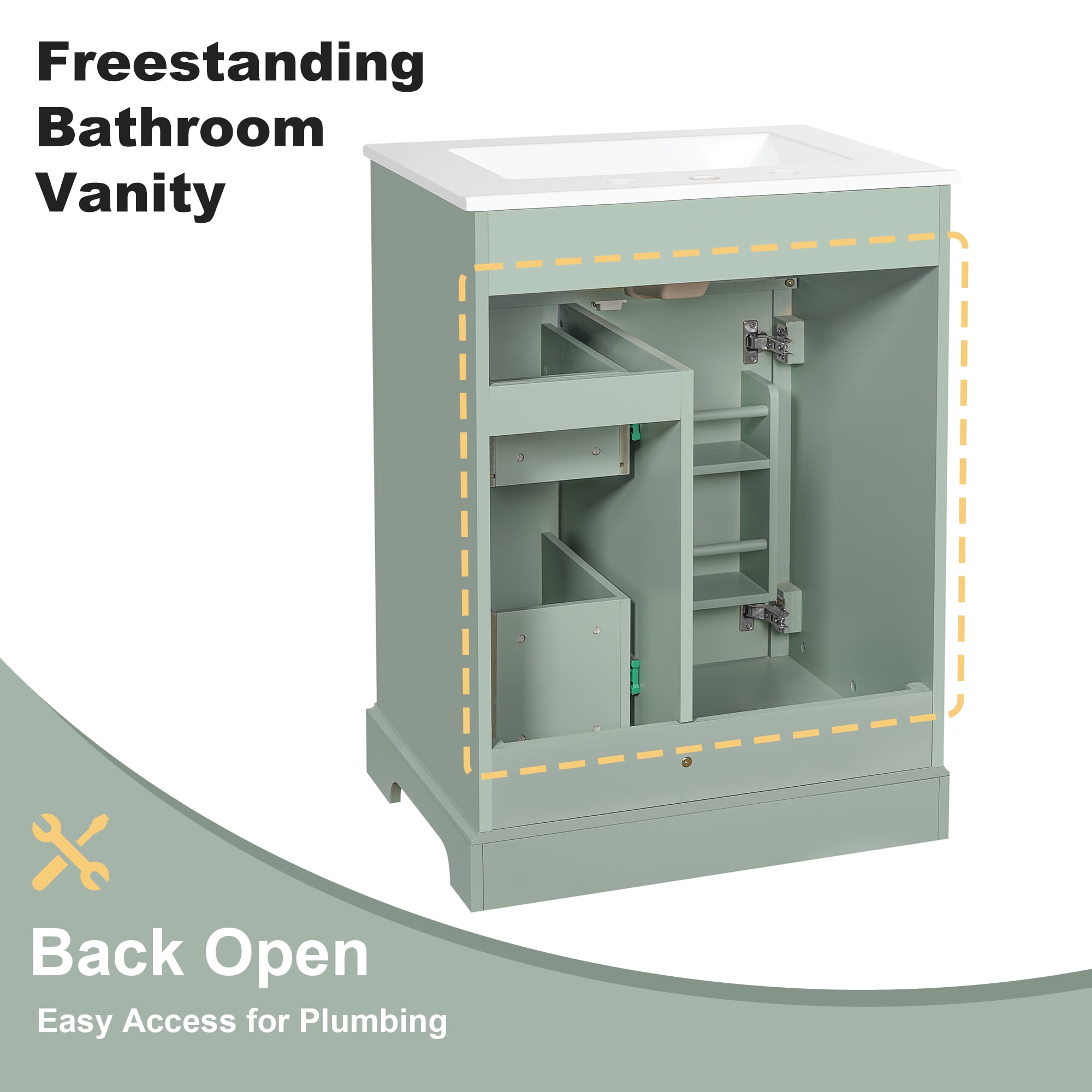 24 Inch Bathroom Vanity with Sink, Green Bathroom Vanity with 3 Drawers & Cabinet, Soft Close Door with Storage Rack, Modern Vanity for Small Bathroom, Freestanding Design