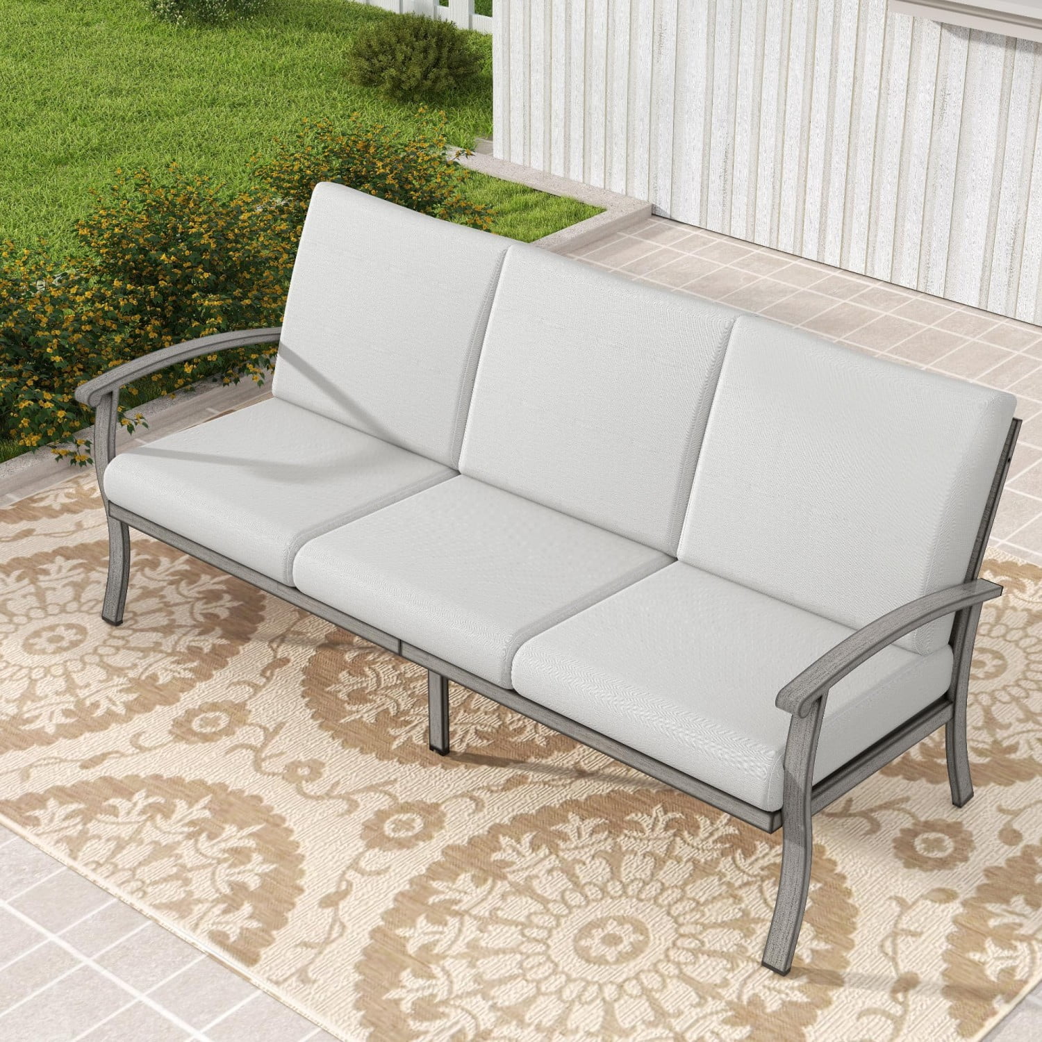 Outdoor Patio 3-Seat Sofa, Aluminum Couch with Thick Removable Cushions, All-Weather Backyard Furniture for Deck, Porch, Garden, Grey