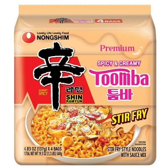 Nongshim Shin Toomba Stir Fry Creamy Premium Ramen Noodle Soup Pack, 4.83 oz X 4 Count, Shelf-Stable