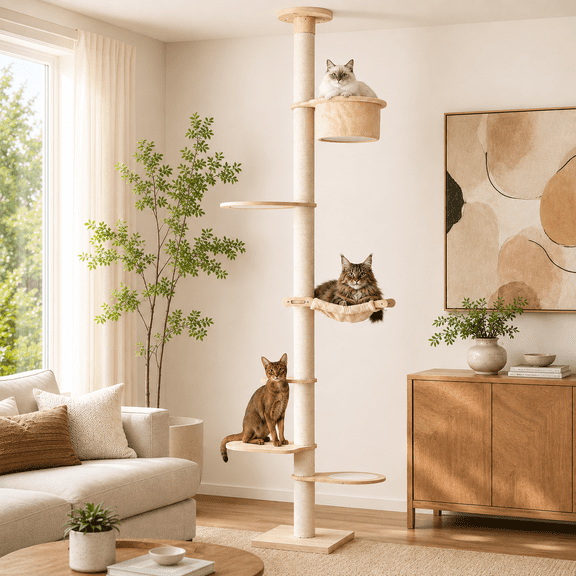 NONTA Floor-to-Ceiling Cat Tree, Adjustable 88β107 in Wooden Cat Tower with Hammock, Perches & Sisal Scratching Posts, Natural White