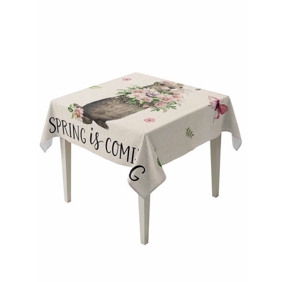 Rustic Groundhog Table Cloth, Waterproof Tablecloth for Square Tables, Spring Floral Butterfly Botanical Reusable Washable Fabric Table Cover for Restaurant Kitchen Dining Tables 54"x54"