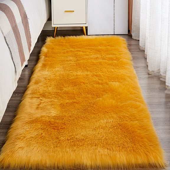 FUDAKUNA Golden Yellow Plush Area Rugs 48 x 24inch Faux Fur Sheepskin Shaggy Soft Comfortable Carpet for Bedroom Living Room Nursery Floor Mat