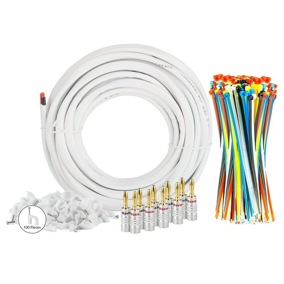 Maximm in Wall Speaker Wire - 12 Feet - 14AWG CL3 Rated 2-Conductor Wire - White, Pure Copper - Banana Plugs, Cable Clips and Ties Included