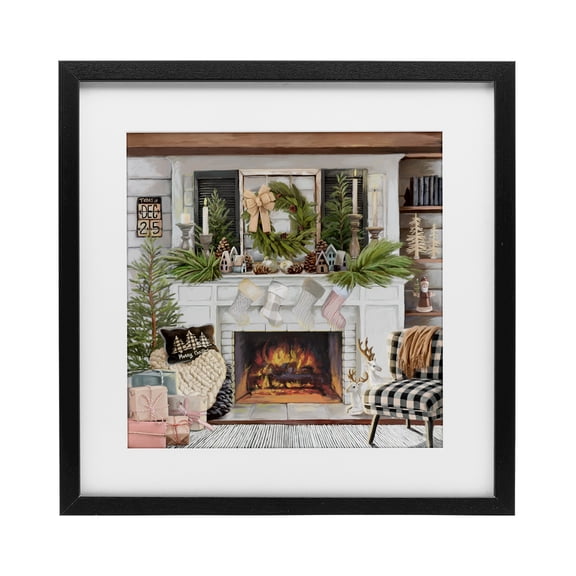 Stupell Industries Cozy Fireplace Holiday Black Framed Print Under Glass, design by Nicky Boehme, 13 x 13