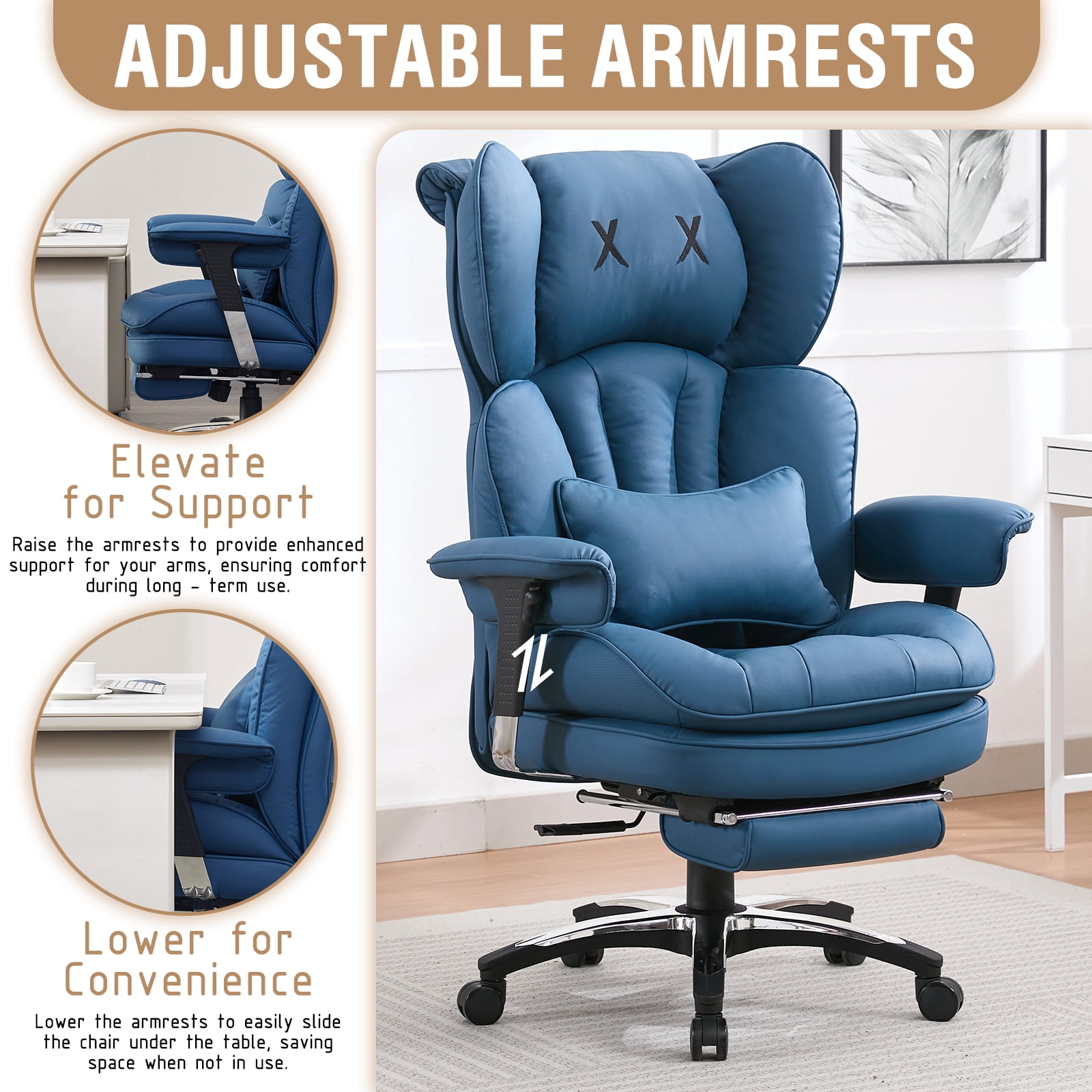 ATMILD 400lbs Big and Tall Ergonomic Office Chair Comfortable PU Leather Executive Desk Chair with Footrest and Lumbar Support (Blue)