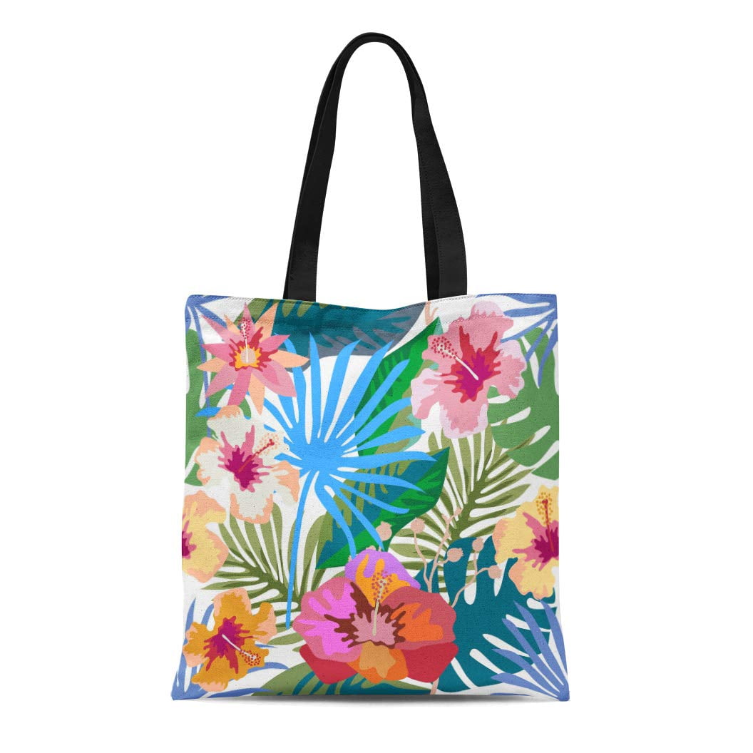 ASHLEIGH Canvas Tote Bag Colorful Tropical Paradise Pattern Palm Leaves ...