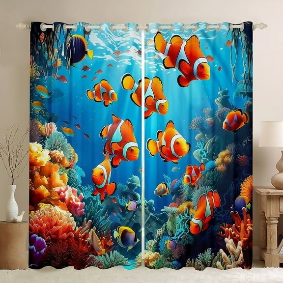 Erosebridal Gold Fish Curtains for Living Room, Underwater World 30%-50% Blackout Curtains Set of 2 (38x45), Ocean Animals Curtains and Drapes (38x45), Window Curtains Bedroom Decor