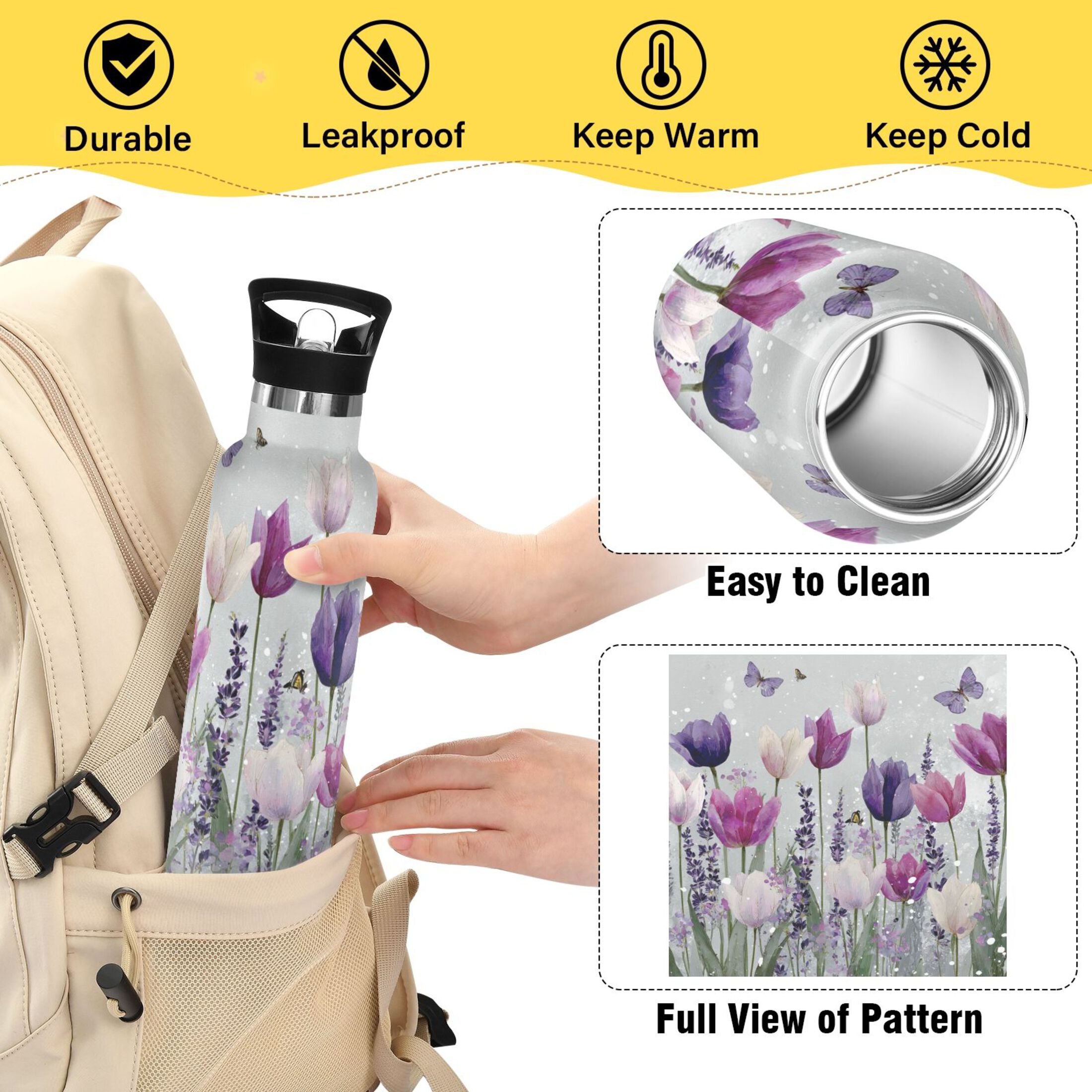 Kids Insulated Stainless Steel Sports Water Bottle 600ml (20oz) Colorful Tulips and Lavender