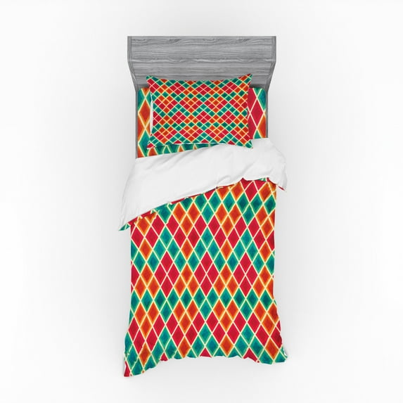 Geometric Duvet Cover Set, Vibrant Colored Grunge Rhombus Design with Cream Tone Stripes, Bedding Set with Shams and Fitted Sheet, 3 Sizes, by Ambesonne