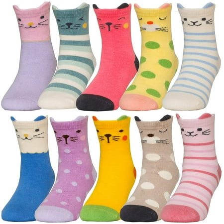 

Hzcojulo Girls Socks Soft Cotton Animal Patterns Crew Cute Toddler Kids Socks Age 1-14 Years -10 Pairs MultiCats Shoe size 7-10.5/S/2-4 T