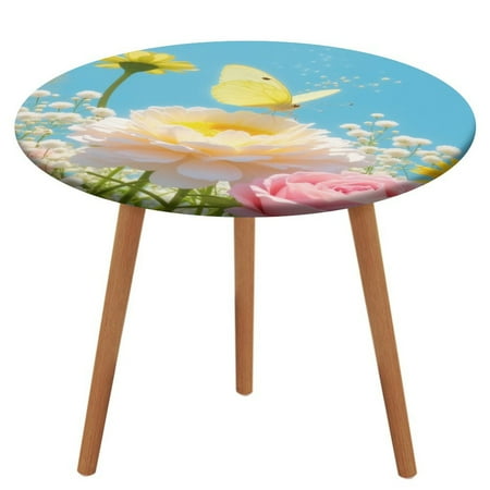 

Butterfly on Pink And Yellow Flowers Tablecloth Round Elastic Fitted Waterproof Table Cover Cloth for Dining Room Indoor Outdoor Decor S-40 -44