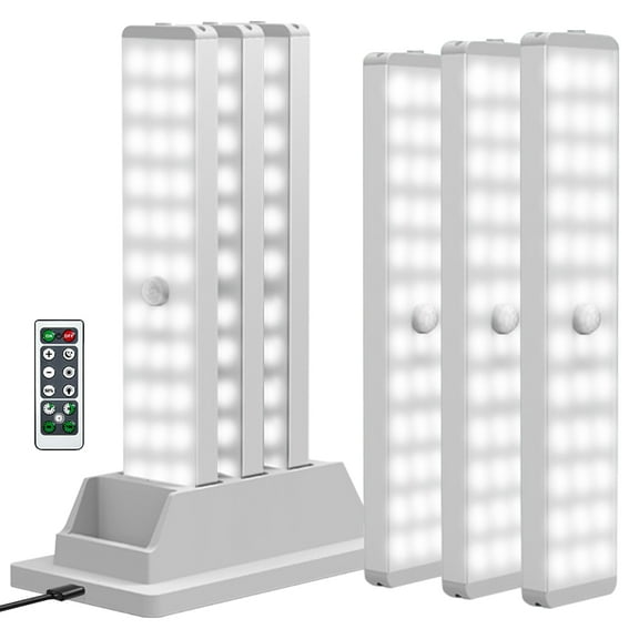 Under Cabinet Lighting with Charging Station, Rechargeable Closet Light Motion Sensor, Dimmable, Timer, Magnetic LED Closet Lights with Remote Control for Kitchen, Stair, Cabinets, Bookshelf, 3 PCS