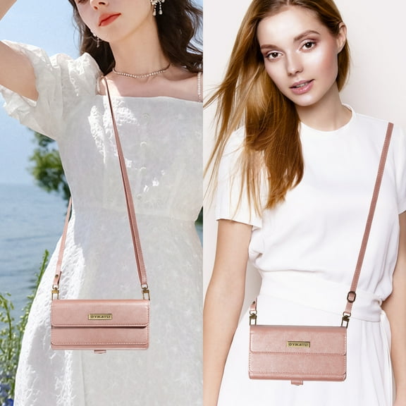 Allytechgroup Crossbody Wallet Case for Apple iPhone 17, Magnetic PU Leather Flip Protective Case Cover with RFID Blocking, 14 Card Slots Cash Pocket Zipper Pocket Shoulder Strap,Rosegold