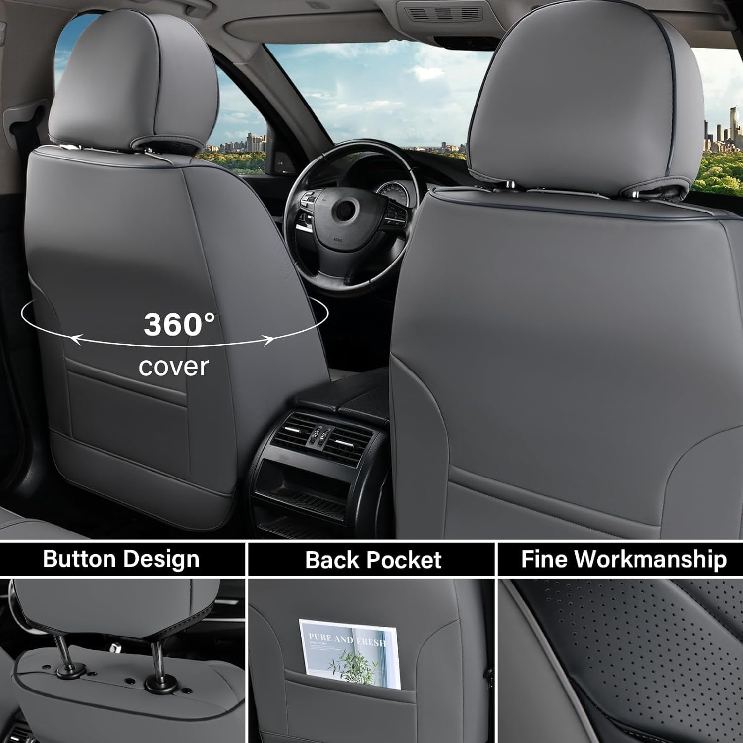 Coverado Full Set Car Seat Covers, Waterproof Faux Leather Front and Rear Seat Protector, Breathable Seat Cushions Universal Fit for Most Cars, Black&Gray