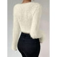 thumbnail image 5 of Women'S Fuzzy Long Sleeve V Neck Crop Sweater Casual Plain Slim Fit Warm Knitwear Sweater Pullovers Apricot L, 5 of 8