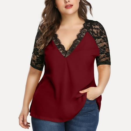 

Okbop Breast Cancer Scrub Tops Women Plus Size Casual Half Sleeve Solid Lace V-Neck Splicing T-Shirt Net Yarn Red Blouse Skeleton Sweatshirt Women