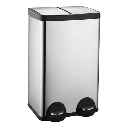 Dual Trash Can, 60 Liter/16 Gallon Dual Bin Trash Can with Lids, Kitchen Trash Can Dual Compartments, Trash and Recycling Bin Combo, Hands-Free Stainless Steel Kitchen Trash Can