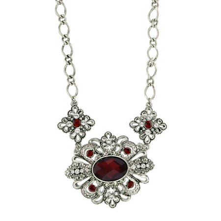 Silver-Toned Red Crystal Accent Red Faceted Stone Necklace 16 Adj