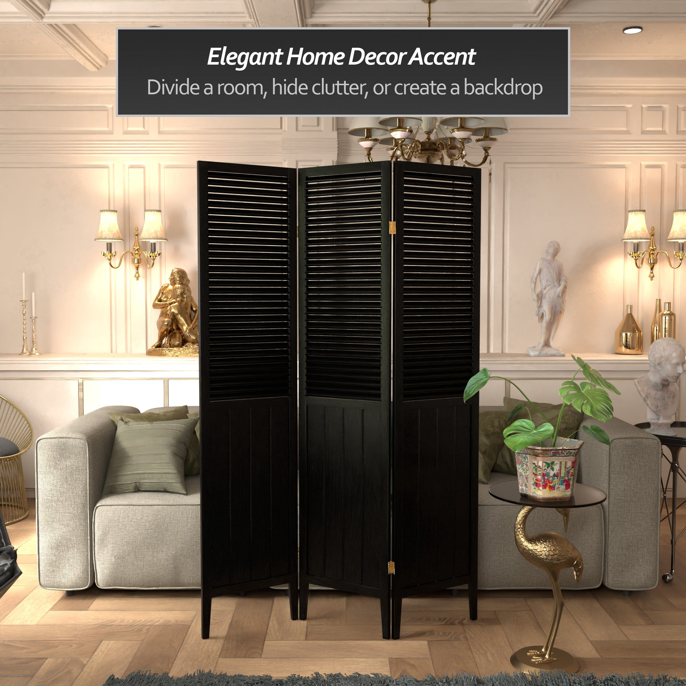 6 ft. Tall Beadboard Room Divider Panel Screen - Black - 3 Panels