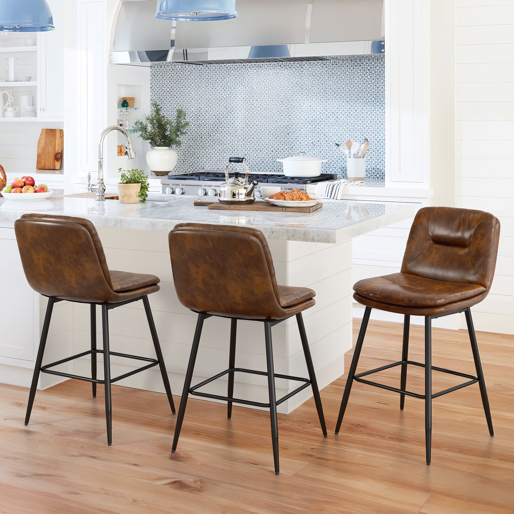 Dycanpo 24”H Bar Stools Set of 6, Double-Layer Upholstered, for Home Kitchen, Yellowish Brown