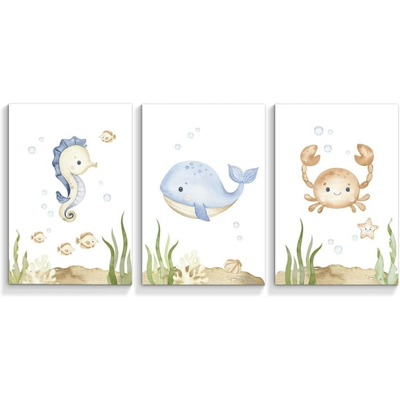 FCCUYE Ocean Nursery Decor,Nursery Wall Decor,Kids Bathroom Decor,Under The Sea,Boys Room Sea Animal Wall Art Picture Canvas Prints Set of 3,Bedroom 12x16 Inch Framed