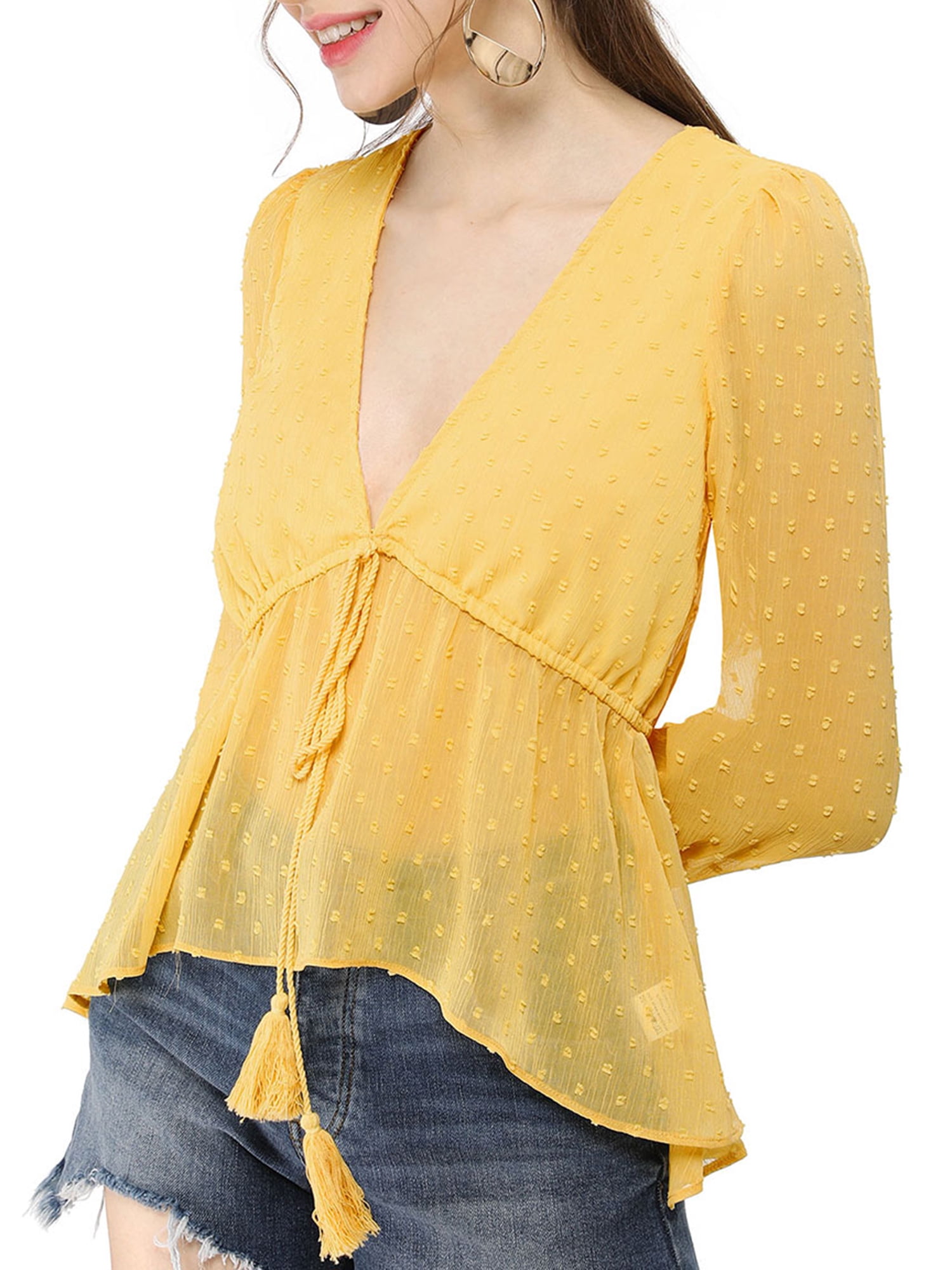 Unique Bargains Women's Deep V Neck Drawstring Ruffled Swiss Dots Sheer Chiffon Top Yellow M