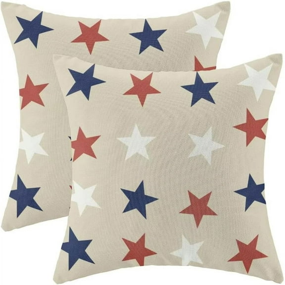 4th of July Throw Pillow Cover, 18x18 Inch Set of 2 Blue Red White Stars Patriotic Decorative Outdoor Cushion Cover Independence Memorial Day Pillow Cases Linen Farmhouse for Sofa Couch Bed
