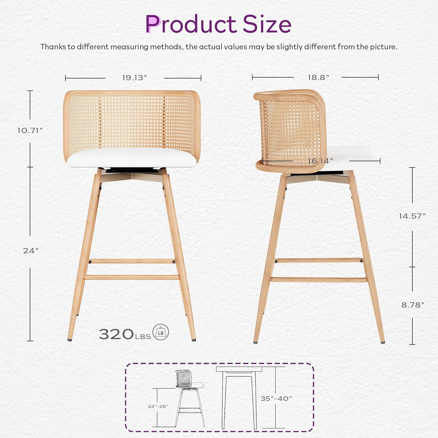 LAZZO Swivel Bar Stools Set of 2, 26” Counter Height Mid-Century Modern Stools with Natural Rattan Woven Back & Faux Leather Seat, White
