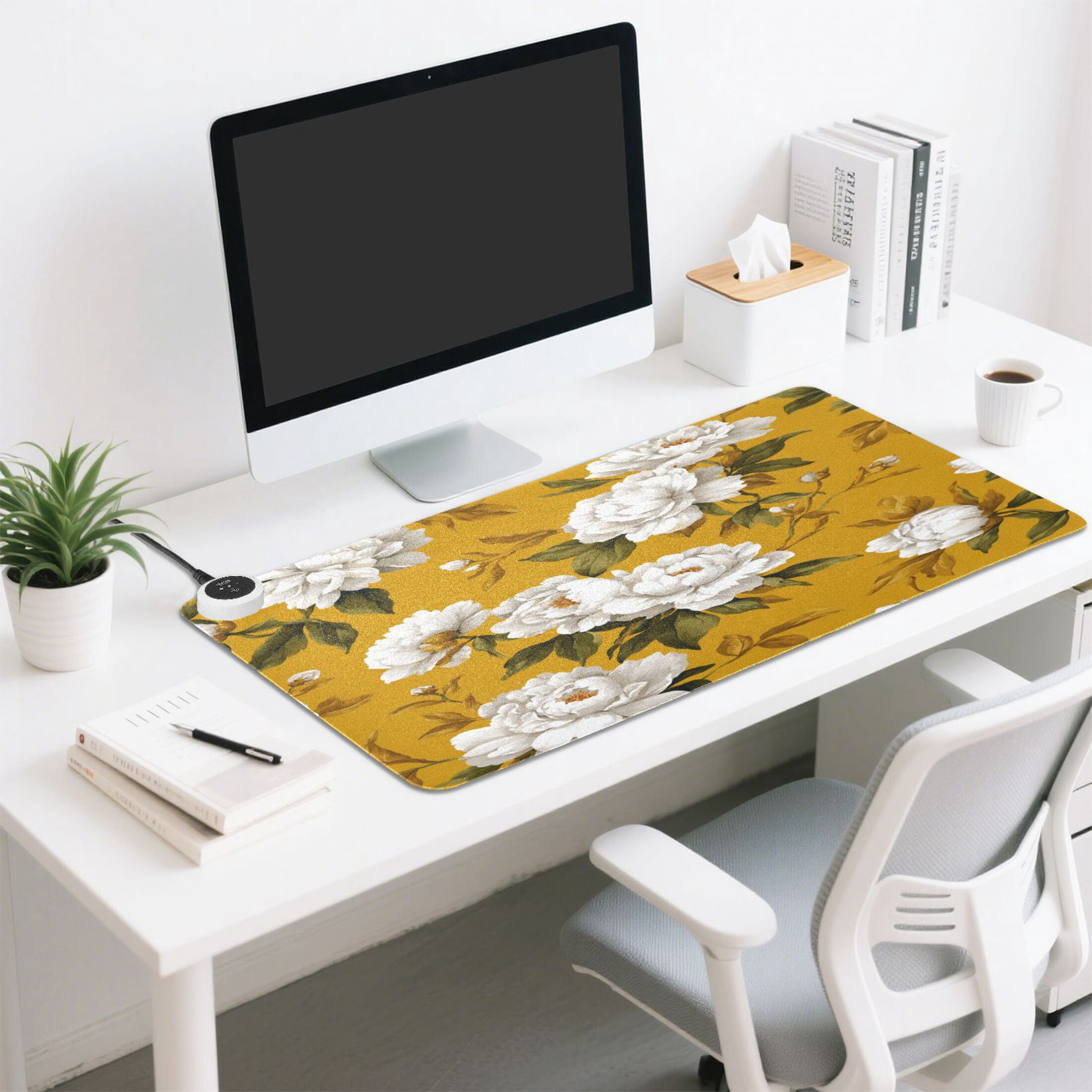 Large Heated Desk Mat Mouse Pad 31.5"x13"PU Leather Graphene Heating Desk Warmer with 3 Temperature Settings 110V US Plug Non-Slip Warm Pad for Home, Office, and Gaming Retro Yellow and White Peony