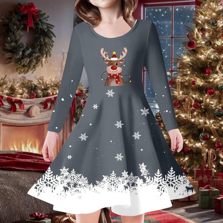 hawaiian christmas party dress Dress For Girls Kids Christmas Trees Deer Print Christmas Long Sleeve Party  Princess Girls Fancy Dress Size 4-5T