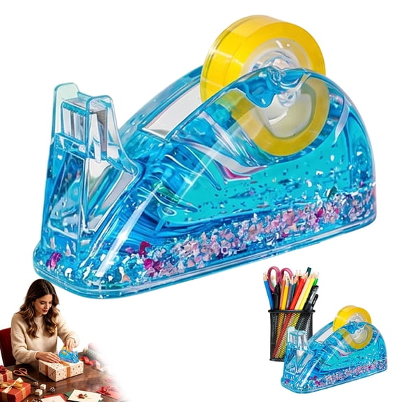 CSSJKYJ 1 Pc Clear Liquid Glitter Tape Dispenser, Non-Slip Cute Desktop Tape Dispenser with Sharp Blade for Office Stationery, Decor & Gift,Blue