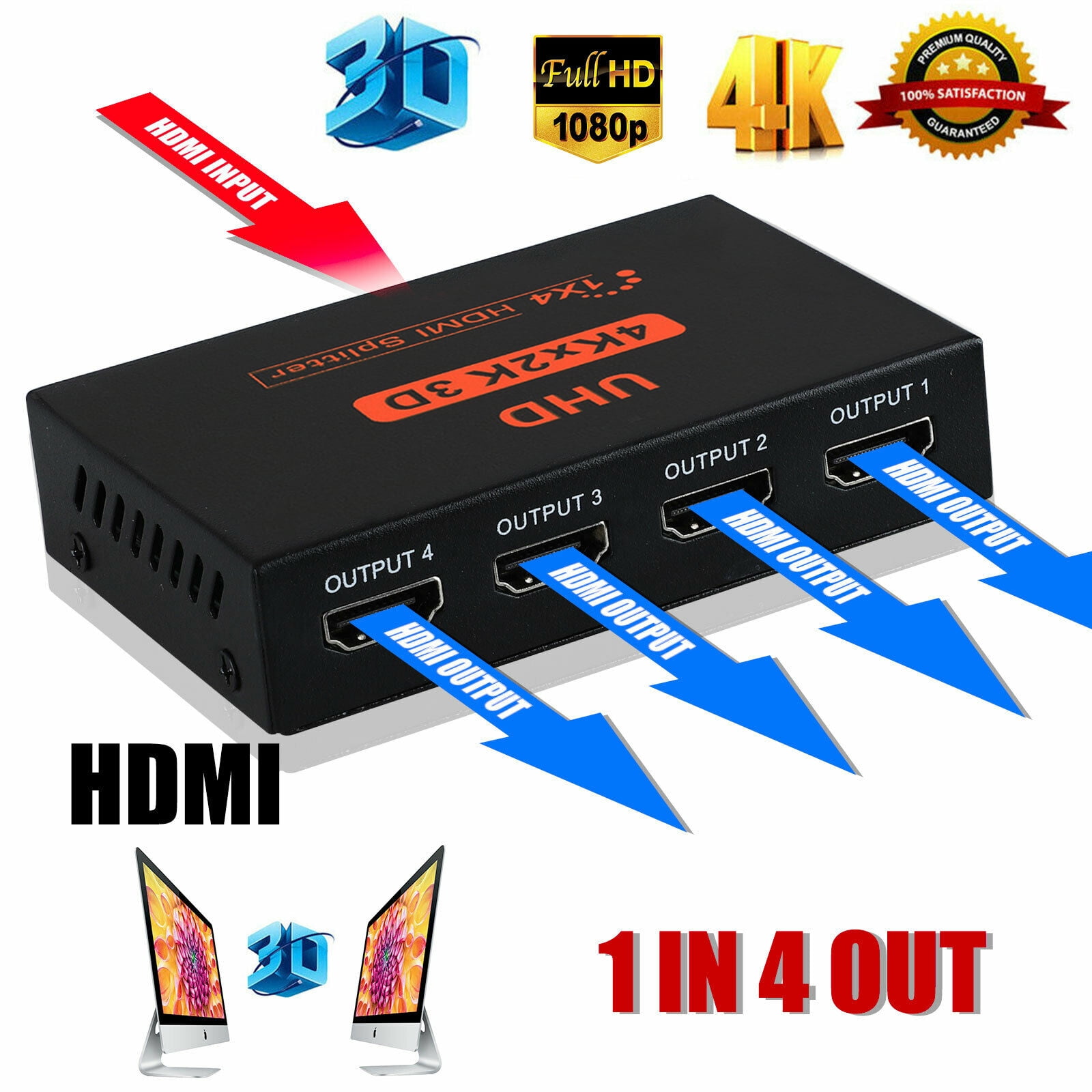 Ultra HD 4K*2K HDMI Splitter 1X2 Repeater Amplifier 1080P 3D Hub Box Adapter NEW 