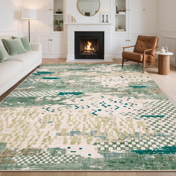 9x12 Modern Area Rug Washable Non Slip Low Pile Living Room Green