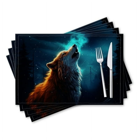 

BaHomeck placemats Set of 4 rectangle Linen Cotton Placemats for Dining Table Washable Heat Resistant 18*12inch Wolf Howling At The Moon In Enchanted Forest