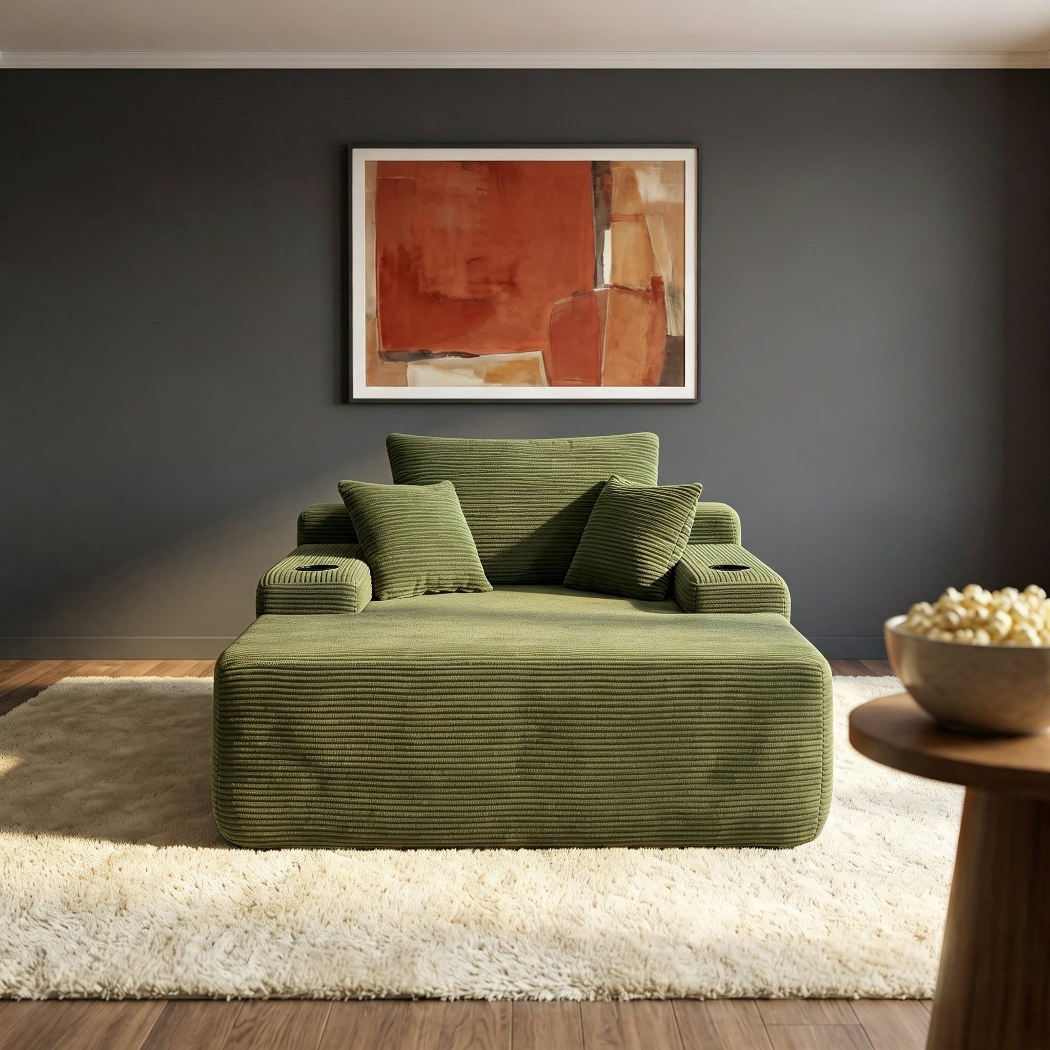 ShiKeyi 65'' Chaise Lounge Chair Indoor, Boneless Sofa Cloud, Plush Corduroy Chaise Couch with Cup Holders, Side Storage Pocket & Pillows, No Assembly Required, Green