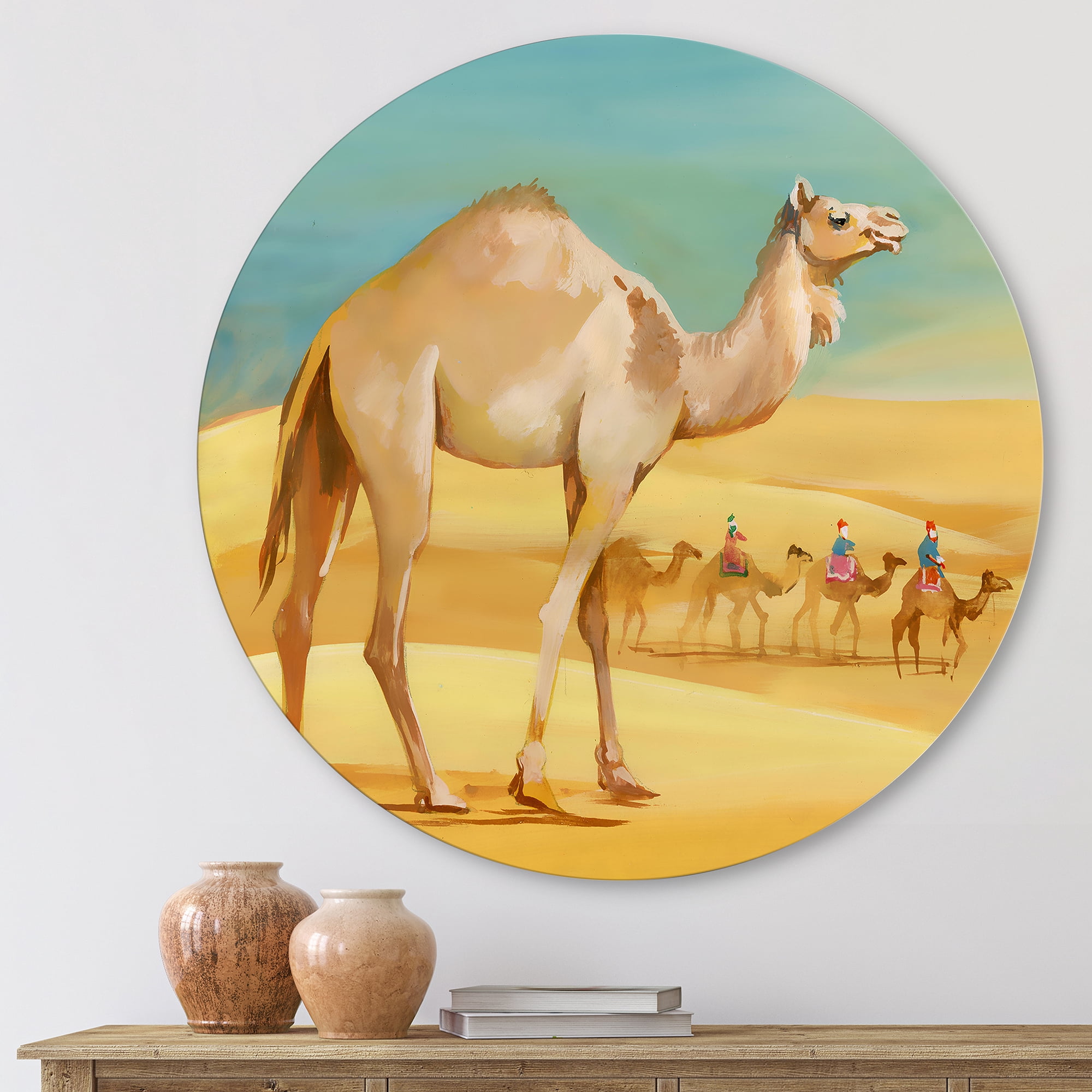 Designart 'Camels In Wild Desert I' Farmhouse Circle Metal Wall Art 11x11 - Disc of 11